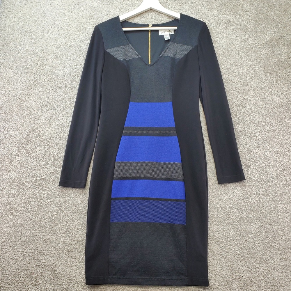 Joseph Ribkoff Sheath Dress Womens 8 Black Blue Colorblock Stretch Zipper Back